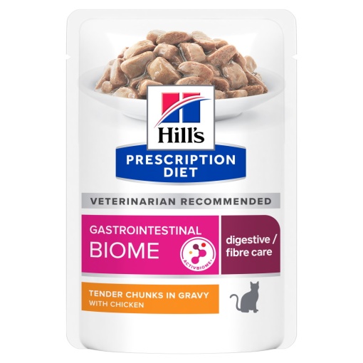 Hill's PD Gastrointestinal Biome – Hrana umeda cu pui pentru pisici 12 Plicuri x 85g