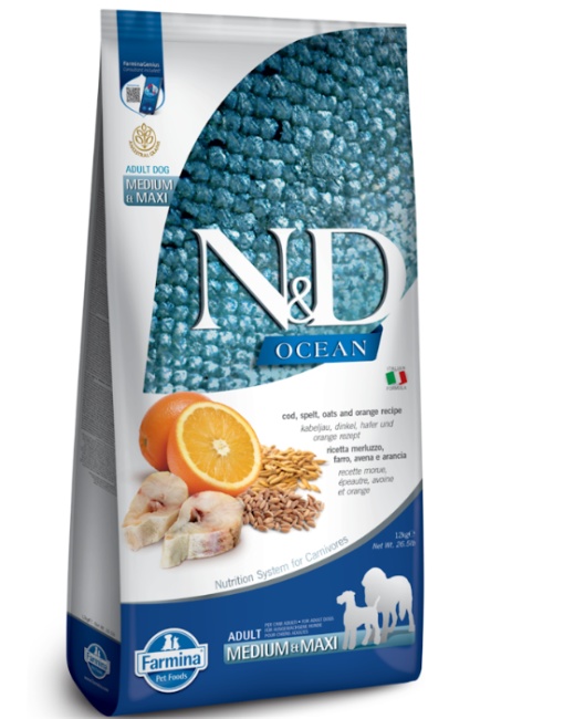 N&D Ocean Cod, Alac, Ovaz & Portocala – Hrana uscata cu cod pentru caini adulti de talie medie si mare, 12kg
