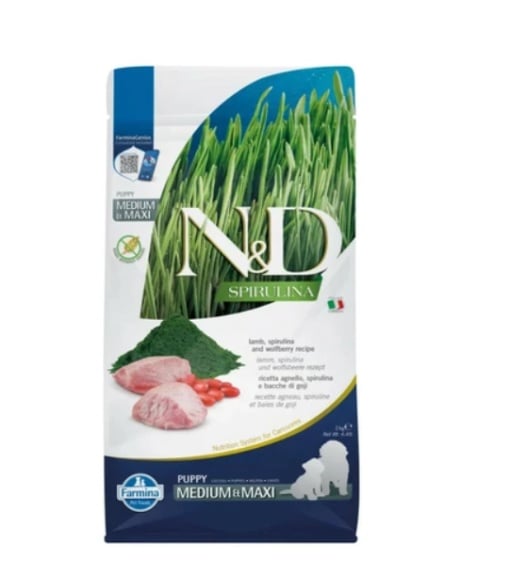 N&D Spirulina Puppy Medium/Maxi –hrana uscata cu miel pentru pui de caine de talie medie si mare, 2kg