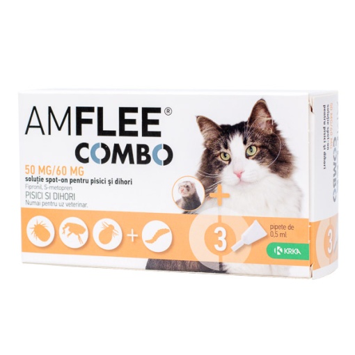 Amflee Combo spot-on - Antiparazitare externe cu actiune larga pentru pisici si dihori, 3 doze