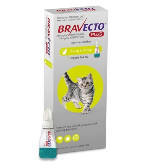 Bravecto Plus spot-on 112,5 mg- Antiparazitar extern si intern pentru pisici (1.2-2.8 kg), 1 doza