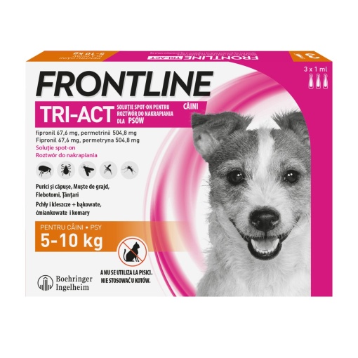Frontline Tri-Act spot-on - Tratament antiparazitar extern pentru caini de talie mica (5-10 kg), 3 Pipete