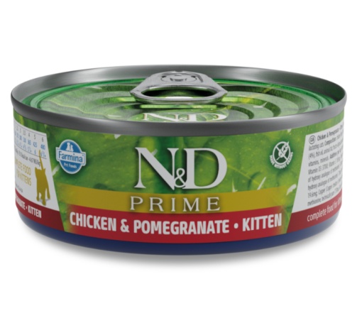 N&D Prime Kitten Pui si Rodie – Hrana umeda cu pui pentru pui de pisica, femele gestante sau lactante, 70g