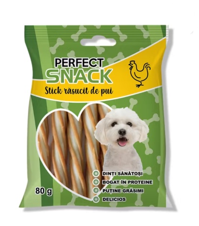Perfect Snack Stickuri Rasucite cu Pui pentru Caini – Gustare delicioasa pentru ros, 80 g