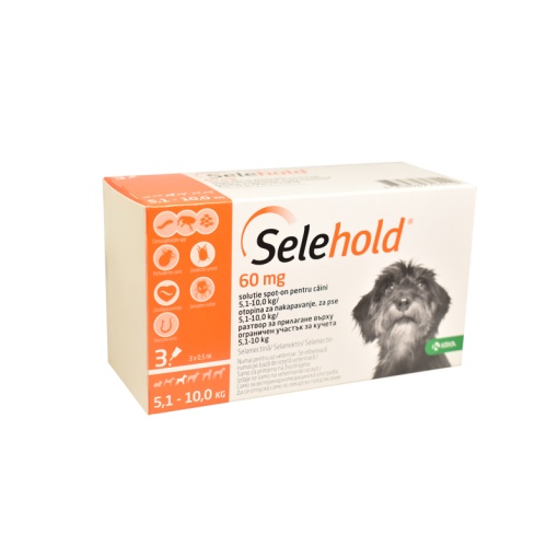 Selehold Dog 60 mg -Antiparazitar extern si intern pentru caini (5.1-10 kg) 3 Pipete