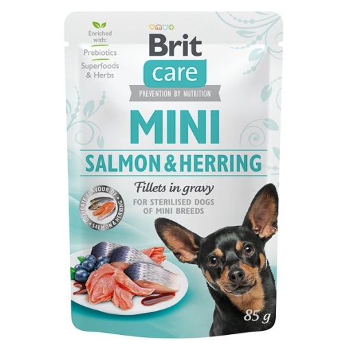 Brit Care Dog Mini Salmon and Herring Sterilised Fillets in Gravy – Hrana umeda cu fileuri de somon si hering pentru caini de talie mica sterilizati, 85 g