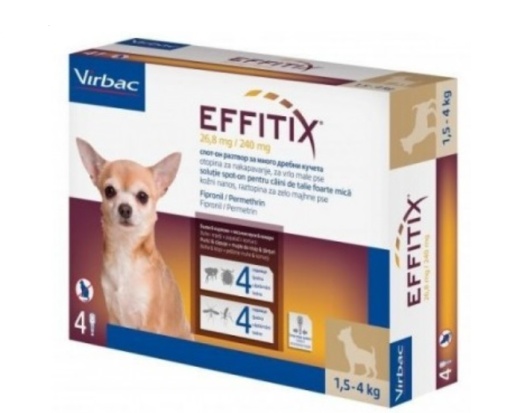 Effitix XS – Pipete antiparazitare externe mica impotriva puricilor, capuselor, tantarilor si musculitelor pentru caini 1,5–4 kg, 4 doze
