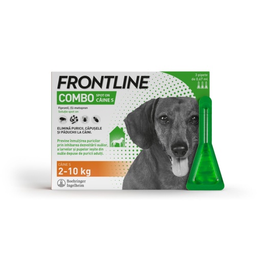 Frontline Combo spot-on - Tratament antiparazitar extern pentru caini de talie mica (2-10 kg), 3 Pipete