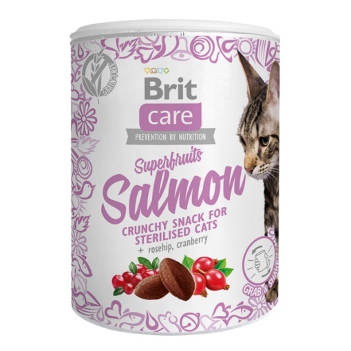 Brit Care Cat Snack Superfruits Salmon - Recompense tip biscuiti cu somon pentru pisici adulte, 100g