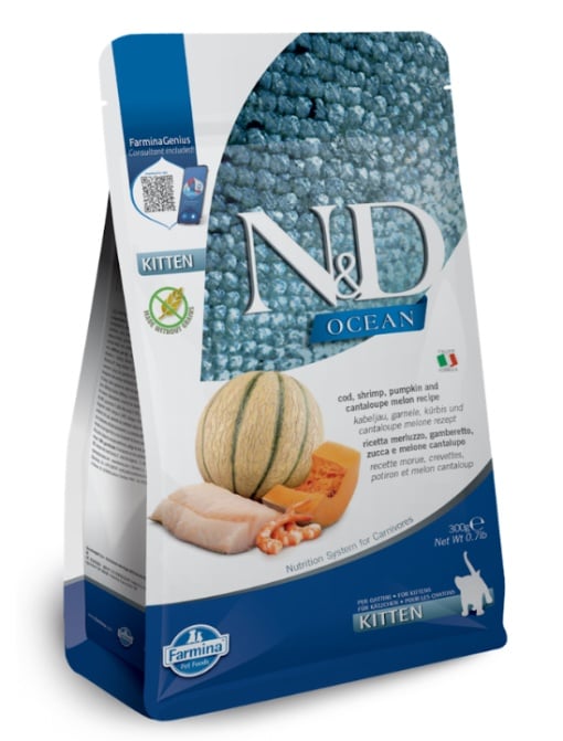 N&D Ocean Cod, Crevete, Dovleac & Pepene Galben – Hrana uscata cu cod si crevete pentru pui de pisica