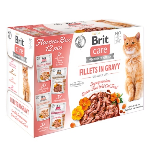 Brit Care Cat Flavour Box Fillet in Gravy – Selectie de hrana umeda fara cereale pentru pisici adulte, 12Plicuri x 85 g