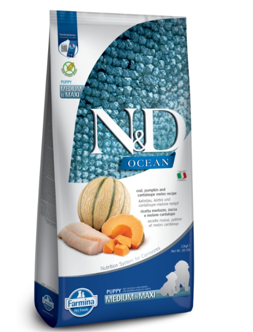 N&D Ocean Cod, Dovleac & Pepene Galben – Puppy Medium & Maxi, 12kg
