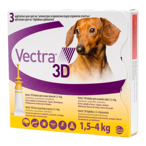 Vectra 3D caini spot-on - Antiparazitar extern pentru caini de talie foarte mica(1.5-4 kg), 3 Pipete