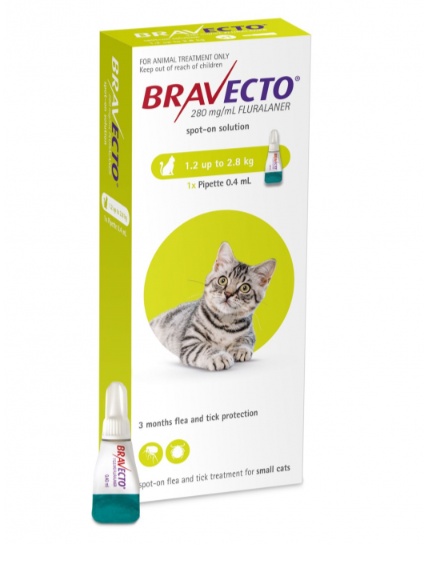 Bravecto Spot On – Antiparazitar extern impotriva puricilor si capuselor la pisici 1.2–2.8 kg, 1 pipeta spot-on
