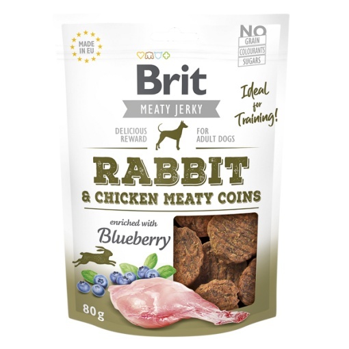 Brit Jerky Rabbit Meaty Coins - Recompense tip monede cu iepure pentru caini adulti, 80g