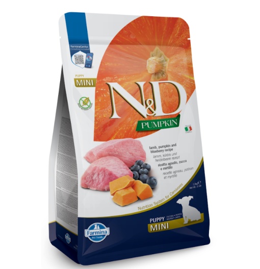 N&D Pumpkin Miel, Dovleac & Afine Puppy Mini – Hrana uscata cu miel pentru catei de talie mica si femele gestante sau lactante, 2.5kg