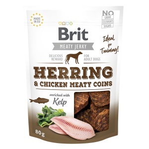 Brit Jerky Herring Meaty Coins - Recompense tip monede cu hering si pui pentru caini adulti, 80g