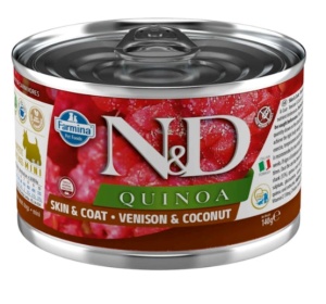 Farmina N&D Quinoa Skin & Coat Venison & Coconut 140gr – Hrana umeda dietetica completa pentru caini