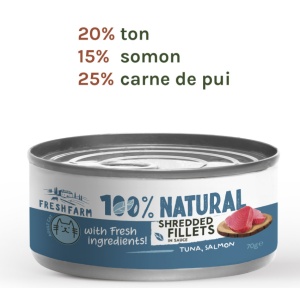 Fresh Farm Shredded fillets in sauce with tuna, salmon and chicken - Hrana umeda completa cu ton, somon si pui pentru pisici adulte 70 gr