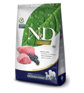 N&D Prime Adult Medium & Maxi Miel si Afine – Hrana uscata cu miel fara cereale pentru caini adulti pentru aport de energie, 12kg