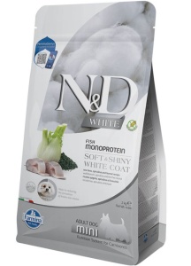 N&D White Caine Adult Biban de mare, spirulina si fenicul - Hrana uscata cu biban pentru cainii adulti cu blana alba sau deschisa la culoare, 2kg