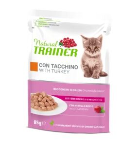 Natural Trainer Kitten & Young - Hrana Umeda cu Bucati de Curcan in Sos pentru Pisoi (1 si 12 luni) si pisici gestante sau lactante, 85 g