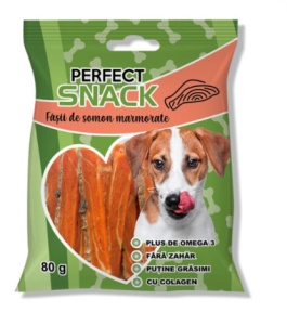 Perfect Snack Fasii Marmorate cu Somon pentru Caini – Recompense aromate si suculente, 80 g