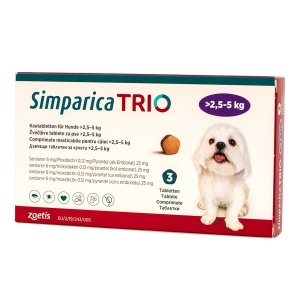 Simparica Trio 2.5-5 kg pentru caini – Pastila antiparazitara purici, capuse și viermi, 1 Comprimat
