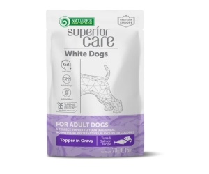 Superior Care White Dogs Topper Pentru Caini Adulti cu Ton si Somon in Sos - Hrana umeda complementara cu Ton si Somon pentru caini adulti cu blana alba, 70g