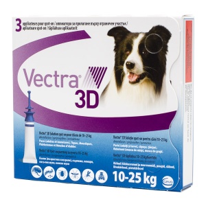 Vectra 3D 10-25 kg pentru caini – Pipete antiparazitare externe purici, capuse si tantari, 3 pipete