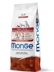 7.5kg Monge Super Premium Mini Lamb&Rice Puppy - Hrana completa uscata cu miel, somon si orez pentru puii de caine de talie mica