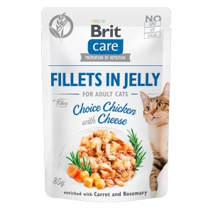 Brit Care Cat Fillets in Jelly Choice Chicken with Cheese - Hrana umeda cu fileuri de pui si branza in jeleu pentru pisici adulte, 85g