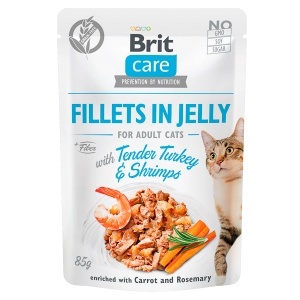 Brit Care Cat Fillets in Jelly with Tender Turkey & Shrimps – Hrana umeda cu fileuri de curcan si creveti in jeleu pentru pisici adulte, 85 g