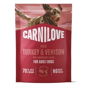 Carnilove Dog Pouch Pate Turkey & Venison with Strawberry Leaves – Hrana umeda completa cu curcan si vanat pentru caini adulti 300 g
