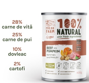 Fresh Farm Coarse pate with beef, pumpkin, potatoes and parsley - Hrana umeda cu vita completa pentru caini adulti