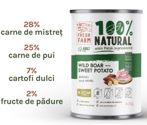 Fresh Farm Coarse pate with wild boar, berries and herbs - Hrana umeda completa pentru caini adulti, 400 gr