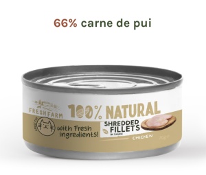 Fresh Farm Shredded fillets in sauce with chicken - Hrana umeda completa cu pui pentru pisici adulte, 70 gr