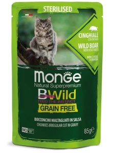 Monge Bwild Grainfree Chunks Sterilised Wild Boar 85gr - Hrana umeda completa cu mistret pentru pisici adulte sterilizate