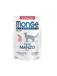 Monge Super Premium Pouches - Pate Sterilised Beef 85gr - Hrana umeda completa tip pateu cu vita pentru pisicile adulte sterilizate