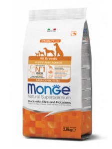 Monge Super Premium Puppy Duck, Rice & Potatoes 2.5 kg- Hrana uscata completa cu rata, orez si cartofi pentru caini adulti