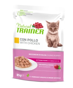 Natural Trainer Kitten & Young - Hrana Umeda cu Bucati de Pui in Sos pentru Pisoi (1-12 luni) si pisici gestante sau lactante, 85 g