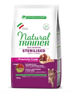 Natural Trainer Sterilised Adult cu Bacon – Hrana uscata cu bacon pentru pisici sterilizate, de la 1 an - Img 1