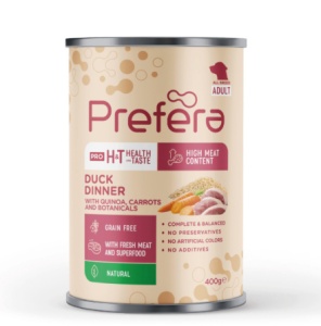 Prefera Coarse pate with duck, quinoa, carrots and herbs 400 gr- Hrana umeda tip pate grosier cu rata, quinoa, morcovi si ierburi pentru caini adulti