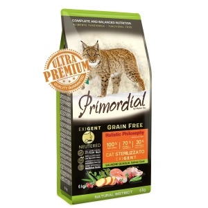 Primordial Grain-Free Holistic Cat Adult Neutered Exigent cu Somon si Prepelita - Hrana uscata completa ultra premium pentru pisicile adulte sterilizate cu gusturi exigente