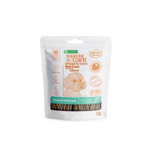 Superior Care Red Coat Snack Grain Free Gums&Oral Care cu Insecte - Recompense functionale super premium pentru cainii juniori de toate taliile si rasele cu blana roscata pentru igiena orala, 50g