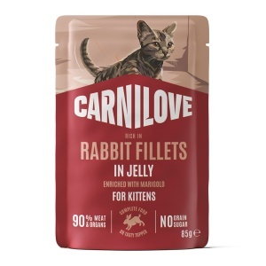 Carnilove Cat Pouch Jelly Rabbit & Marigold Kittens – Hrana umeda completa cu iepure si galbenele pentru pui de pisica, 85 g