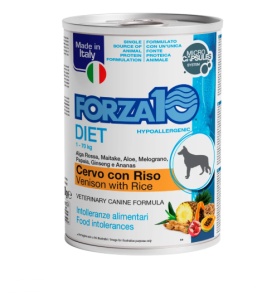 FORZA 10 Venison and Rice Dog – Hrana umeda monoproteica cu carne de vanat si orez pentru caini, 400g