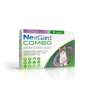 NexGard Combo pisici spot-on <2.5kg - Pipete antiparazitare complete pentru purici, capuse și deparazitare interna, 3 pipete
