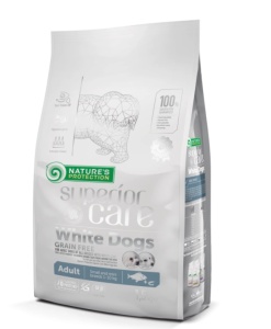 Superior Care White Dogs Grain Free Small&Mini Breeds Adult cu Peste Alb - Hrana uscata completa Super Premium pentru cainii adulti de talie mica (1–10 kg) cu blana alba sau deschisa la culoare