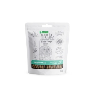 Superior Care White Dogs Snacks Oral Care cu Insecte - Recompense functionale super premium pentru cainii adulti de toate rasele cu blana deschisa la culoare, 150 Gr